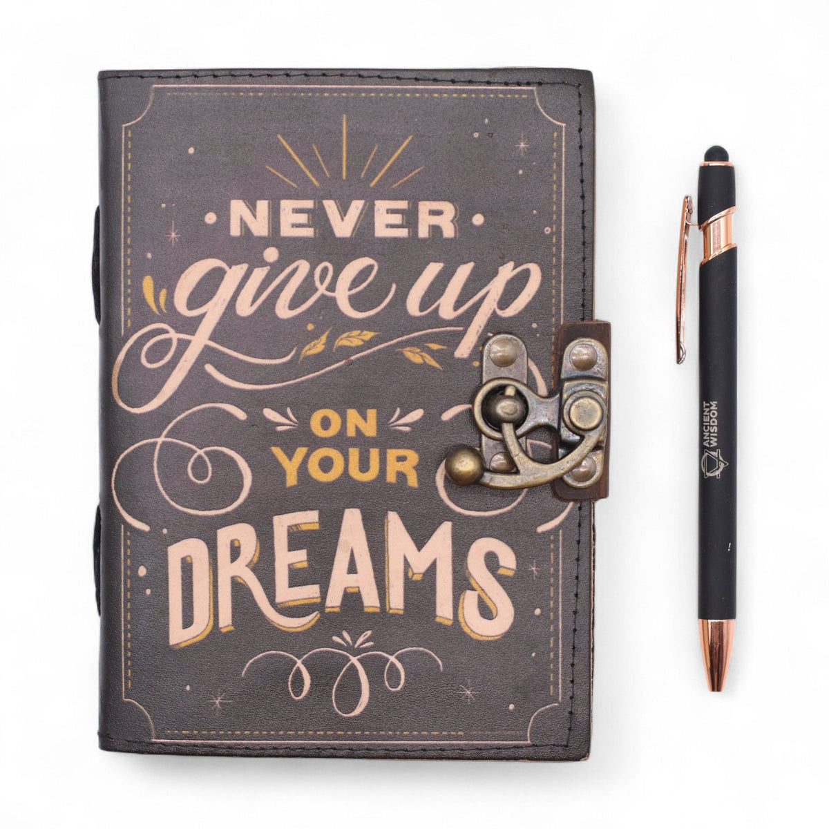Leather Printed Notebook – Never Give Up On Your Dreams - 17.8×12.7 cm