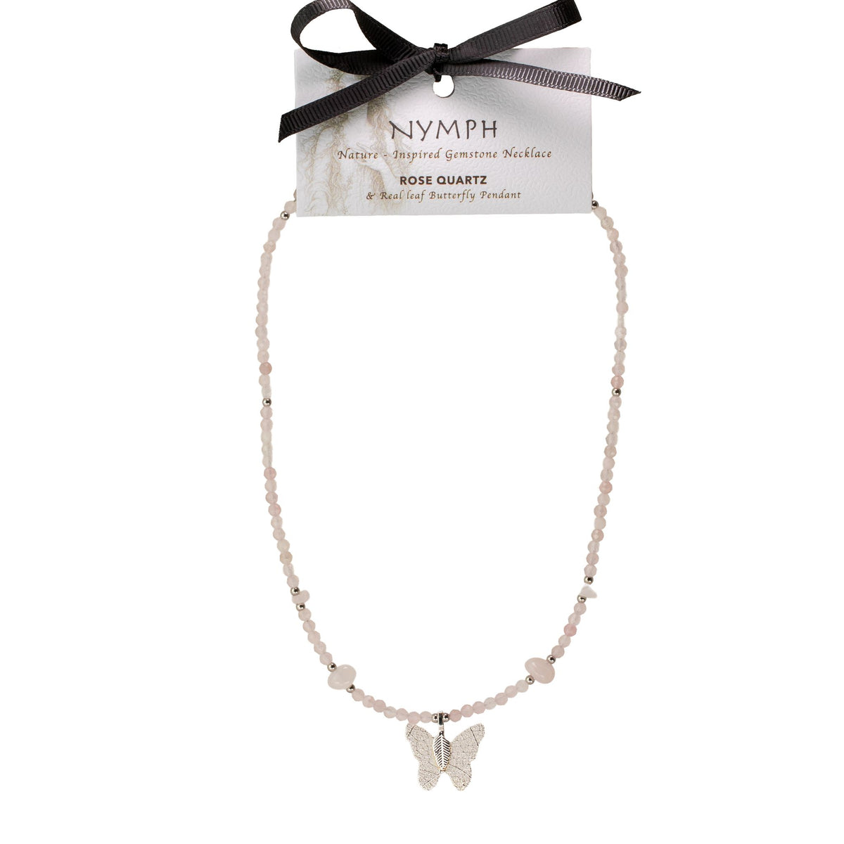 Nymph Rose Quartz Gemstone Necklace with Real Leaf Butterfly Pendant