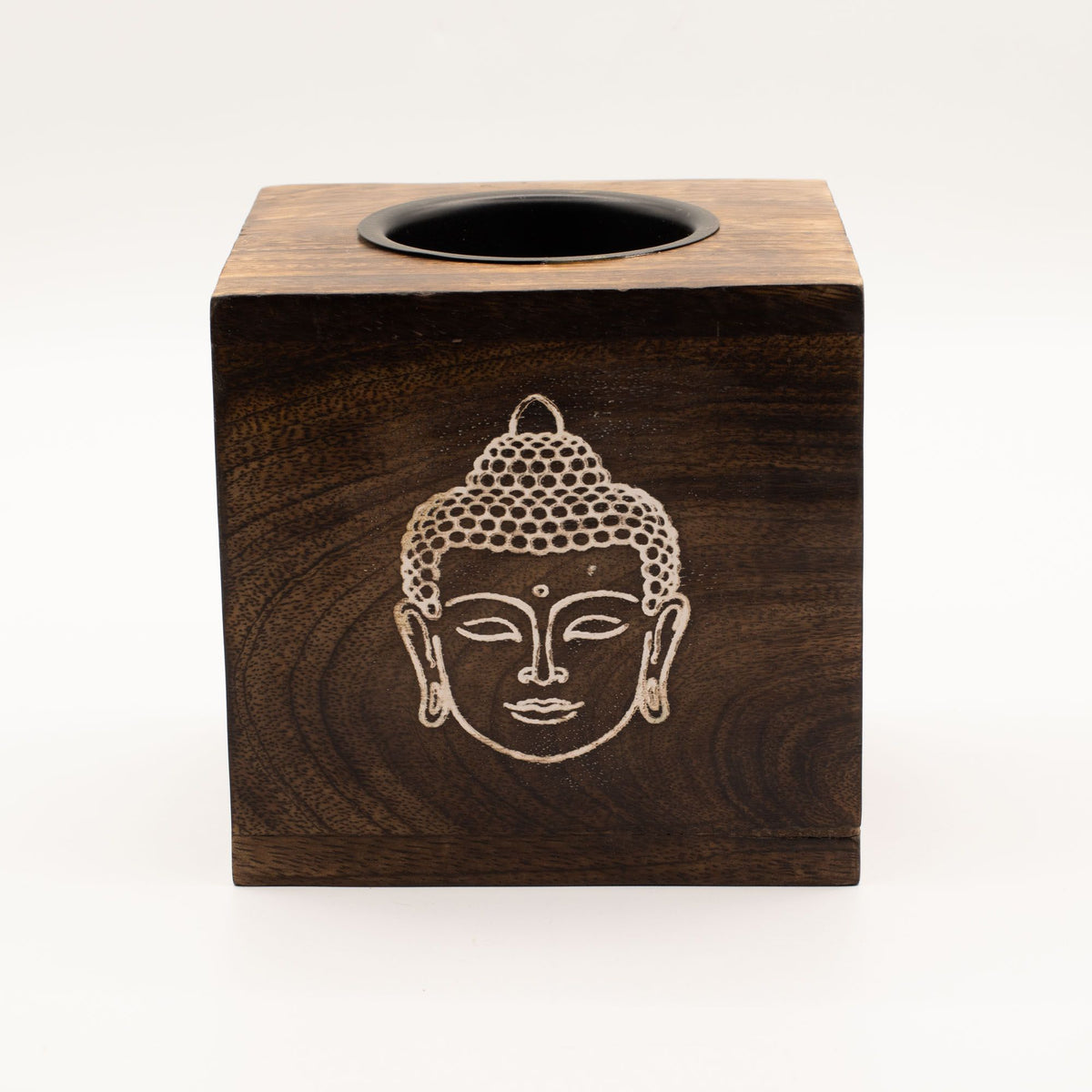 Large Square Mango Wood Oil Burner- Buddha Face