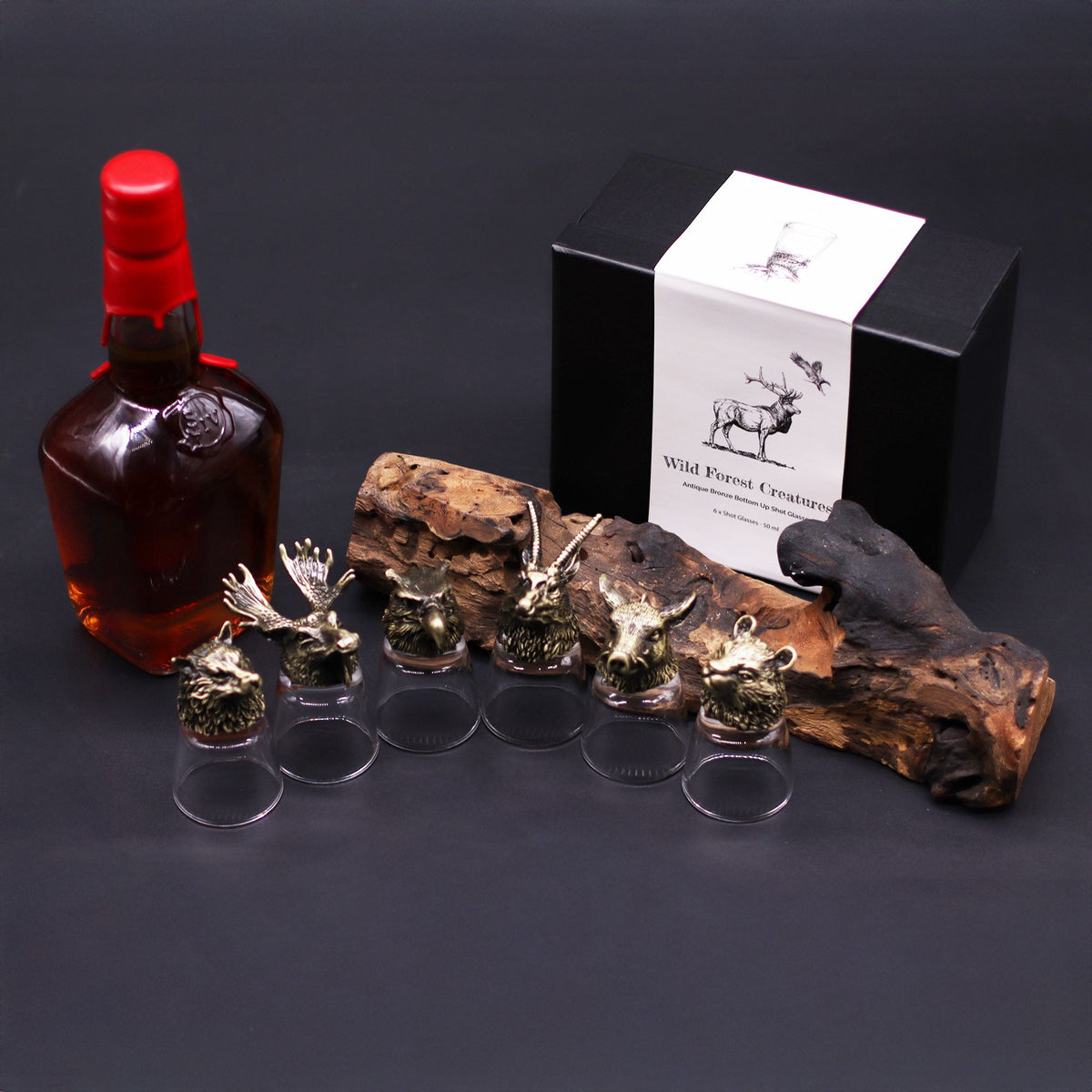Gift Set of 6 Shot Glasses (50ml) - Wild Forest Creatures - Antique Bronze