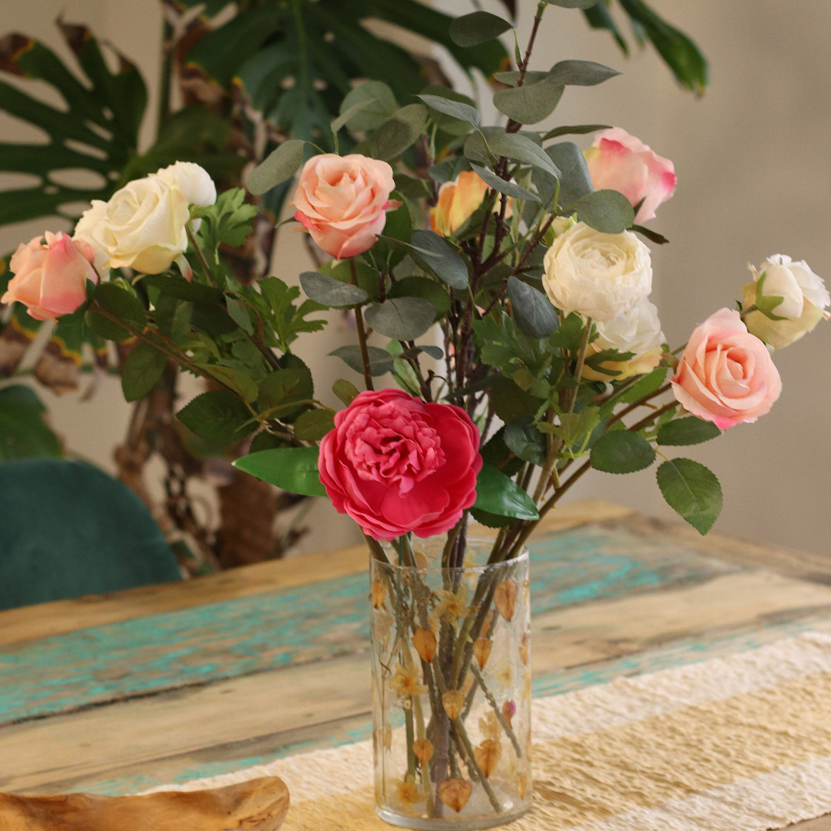 Natural Floral Glass - Tall Vase Candle Holder - Rose - (19x11cm)