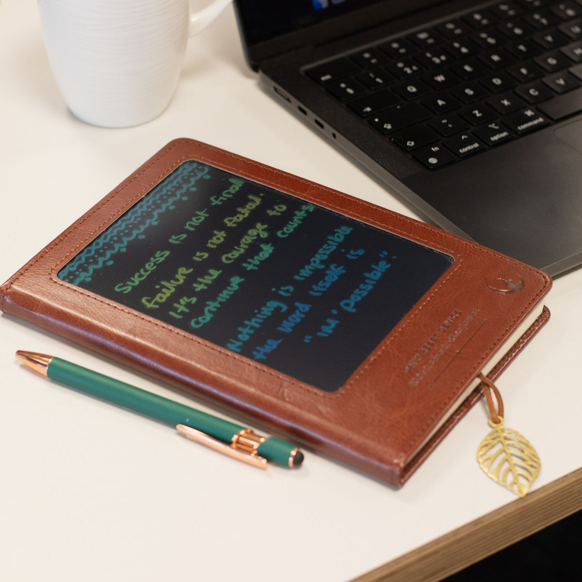 A5 Intention Note Book - LCD Wipe Screen - Green Leather Effect - 80 Leafs