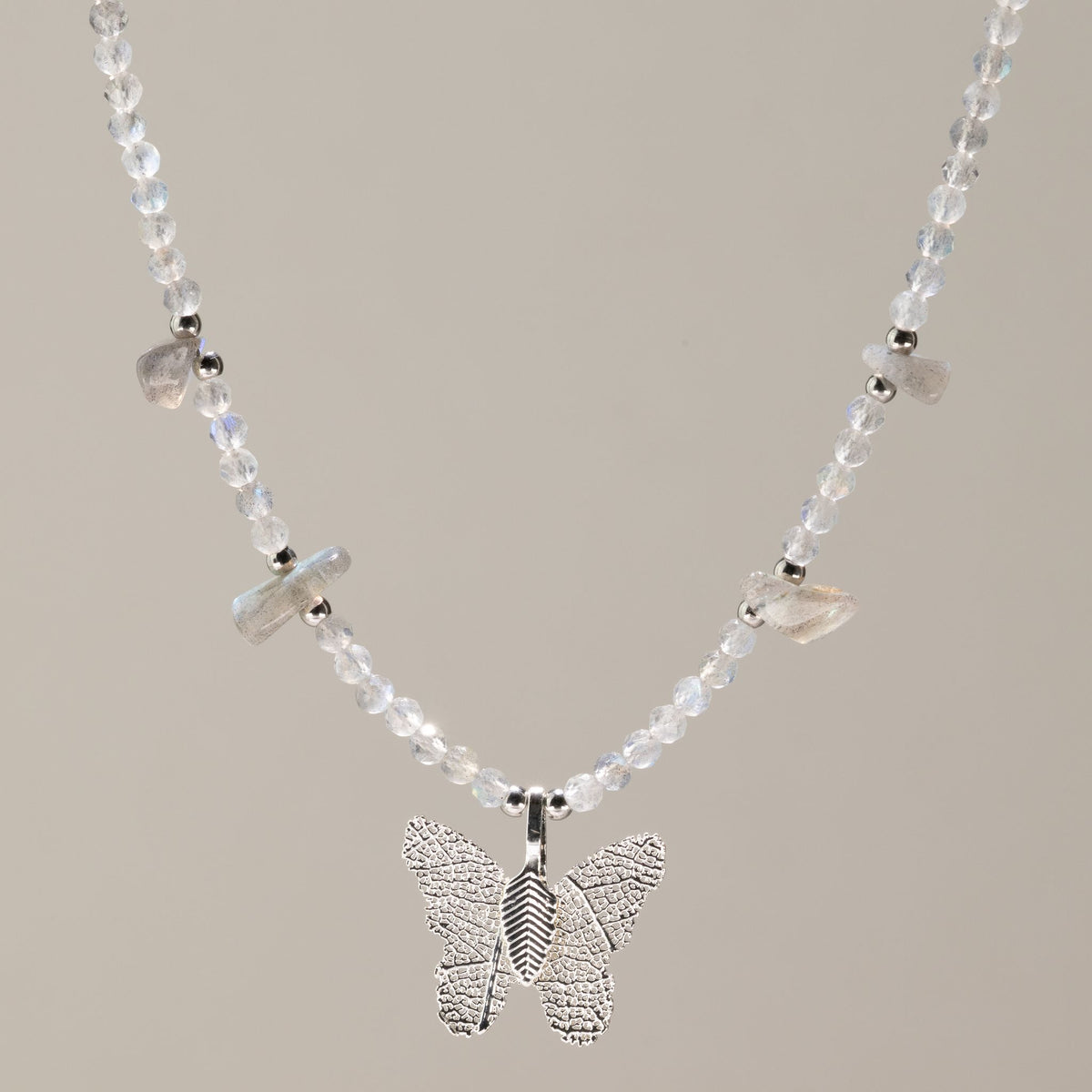 Nymph Labradorite Gemstone Necklace with Real Leaf Butterfly Pendant