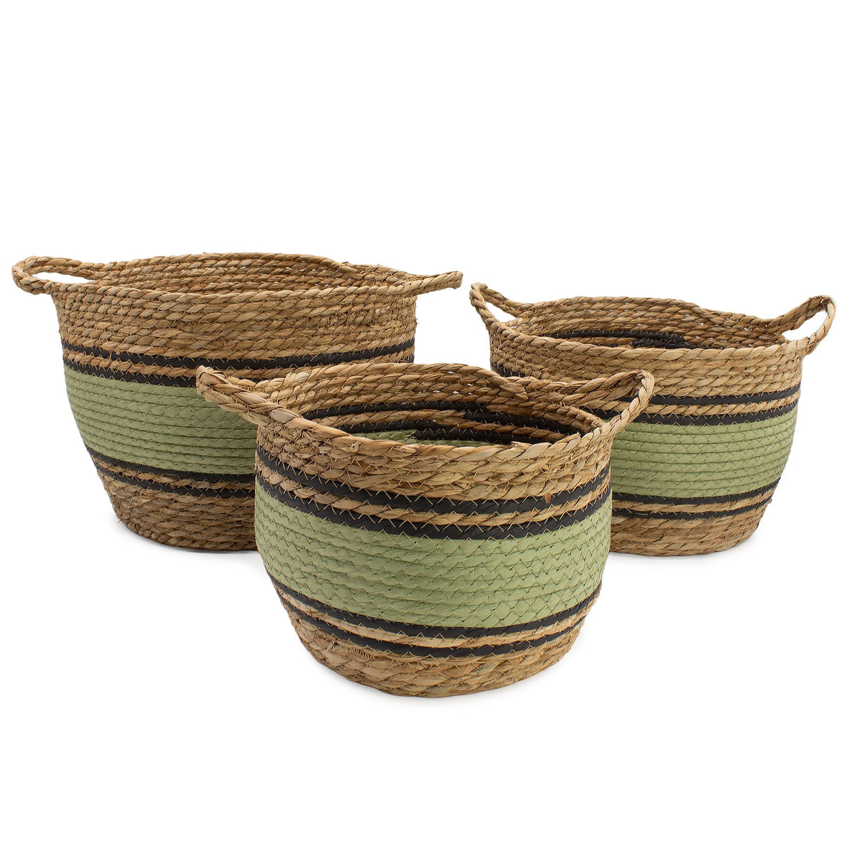 Cotton & Seagrass Large Baskets - Natural Black & Green- Set of 3