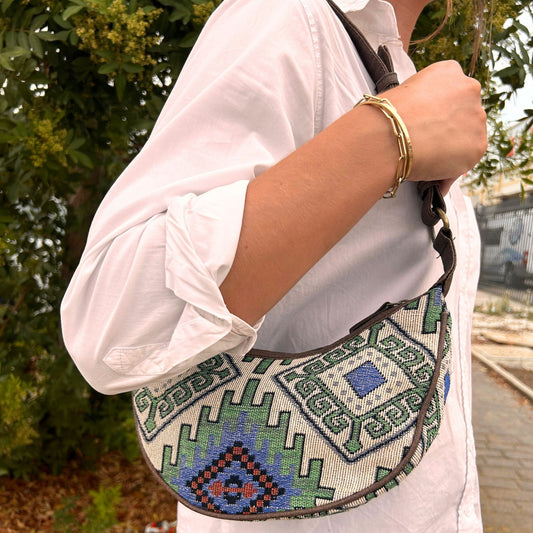 Jacquard Hobo Bag - Geo-Geen (brown strap)
