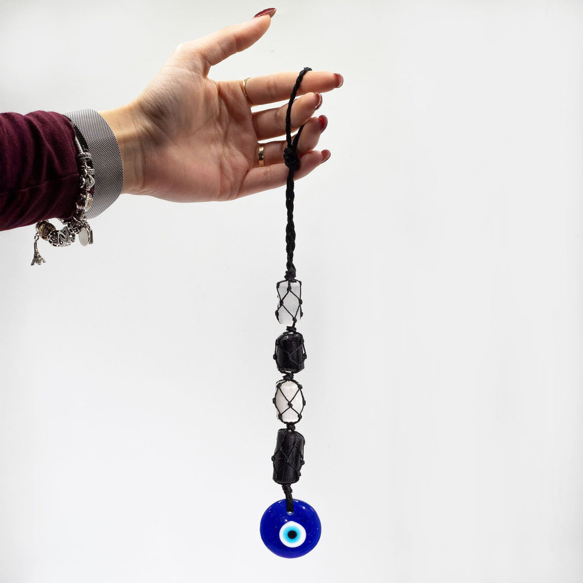 Hanging Stone Pendant - Black Torrmaline & Selonite Tumble- Evil Eye