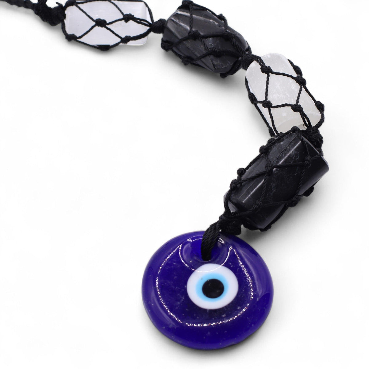 Hanging Stone Pendant - Black Torrmaline & Selonite Tumble- Evil Eye