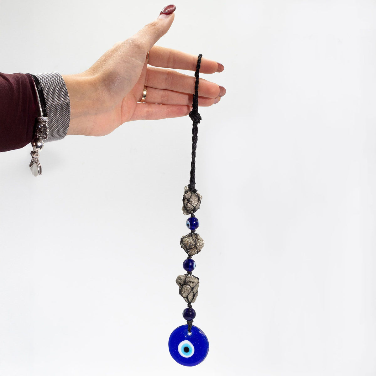 Hanging Stone Pendant - Pirite Stones & Beads- Evil Eye
