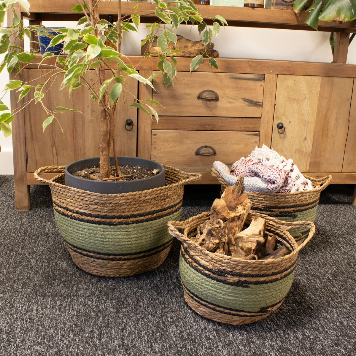 Cotton & Seagrass Large Baskets - Natural Black & Green- Set of 3