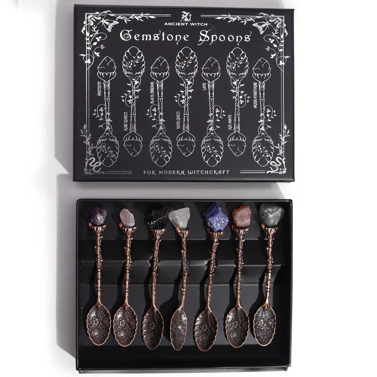 Set of 7 Bronze Gemstone Crystal Witch Spoons