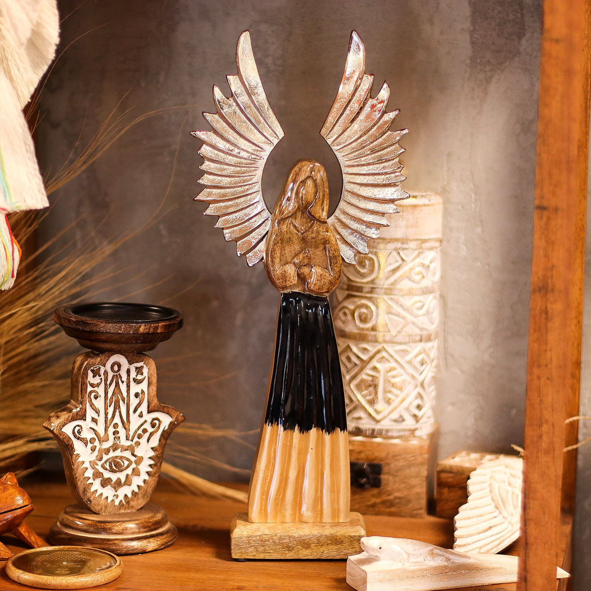 Large Mango Wood Gardian Angel Metal Wings & Enamel Detail