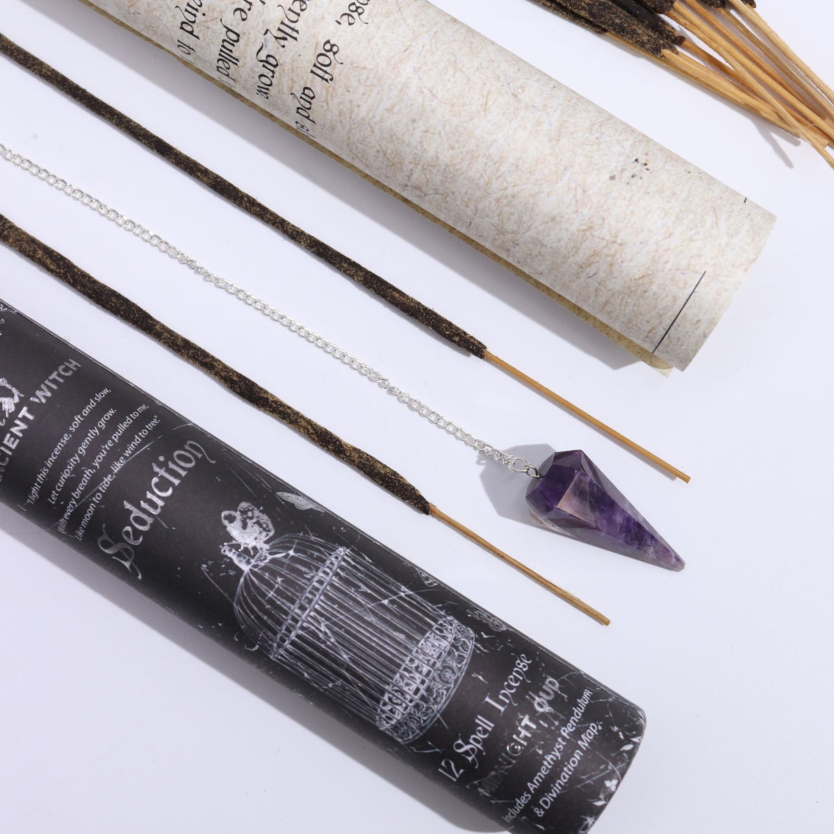 Ancient Witch Spell Incense - Seduction - Amethyst Pendulum